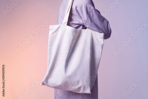 Blank white tote bag slung over shoulder with smooth pastel gradient background transitioning from peach to lavender and natural lighting highlighting texture photo