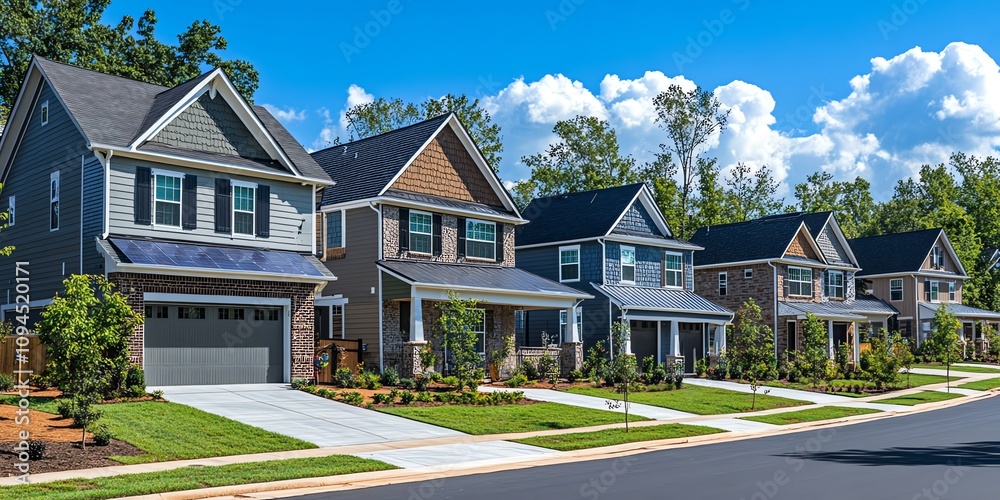 Row of modern houses with green lawns and a paved street in front. Row of modern houses with green lawns and a paved street in front.