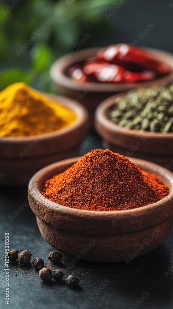 Close-up showcasing a variety of Brazilian spices in small bowls highlighting colors and textures Close-up showcasing a variety of Brazilian spices in small bowls highlighting colors and textures