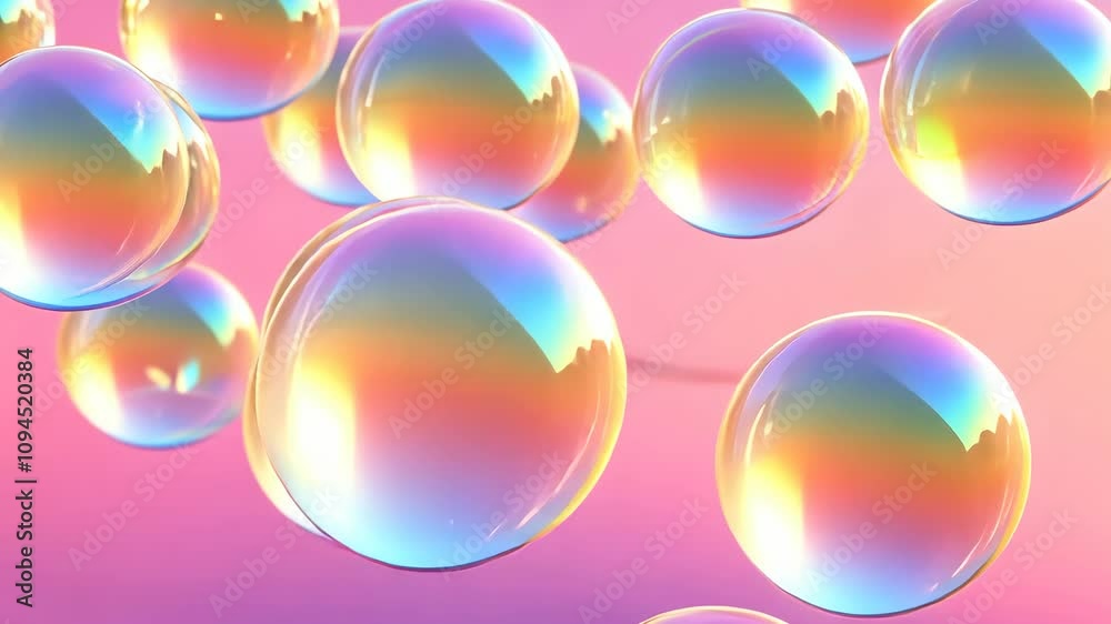 Colorful soap bubbles floating against a pink background during a sunny day in a playful environment Colorful soap bubbles floating against a pink background during a sunny day in a playful environment