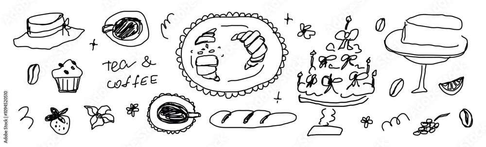 Set of vector clip art of food, tea and coffee, cakes. Retro vintage line art for menus design, invitations, social media. breakfast icons in chalk or ink freehand style, doodles drawings. Set of vector clip art of food, tea and coffee, cakes. Retro vintage line art for menus design, invitations, social media. breakfast icons in chalk or ink freehand style, doodles drawings.