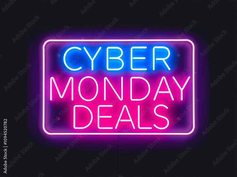 Obraz premium Hyper realistic photo of a Light Blue CYBER MONDAY DEALS Neon Sign on an elegant Dark Background, isolated on white background, copy space, stock photo, sale