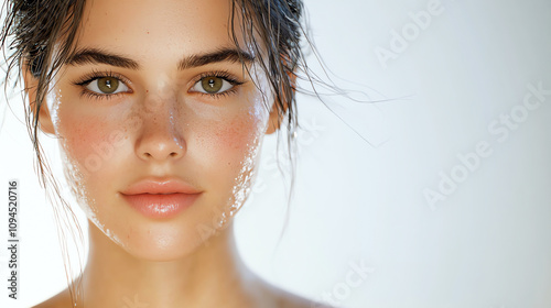 Close-up portrait of a young woman with dewy skin and natural makeup, showcasing beauty and elegance in soft lighting.