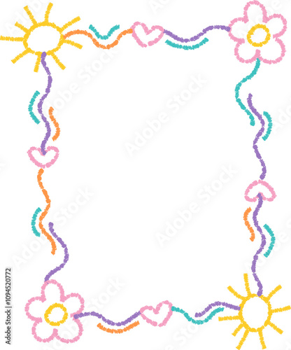 Doodle kids frame, hand drawn scribble decoration border for kindergarten or school album photo. Chidren crayon drawing. Cute color pencil ornament, 