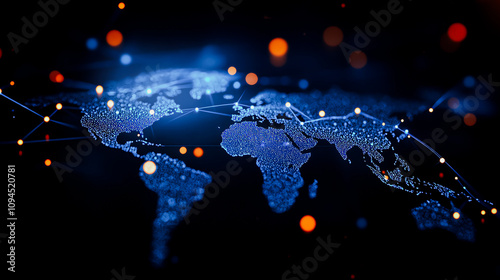 Digital world map with glowing blue connections and orange lights, symbolizing global communication and technology networking.