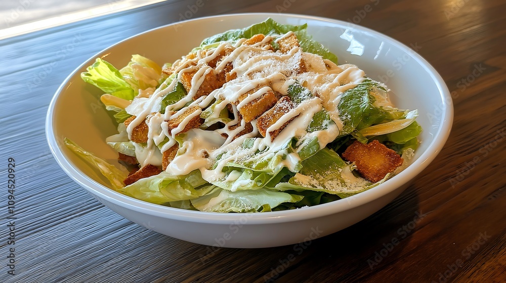A fresh salad featuring crisp lettuce, crunchy croutons, and drizzled with creamy dressing, served in a white bowl. A fresh salad featuring crisp lettuce, crunchy croutons, and drizzled with creamy dressing, served in a white bowl.