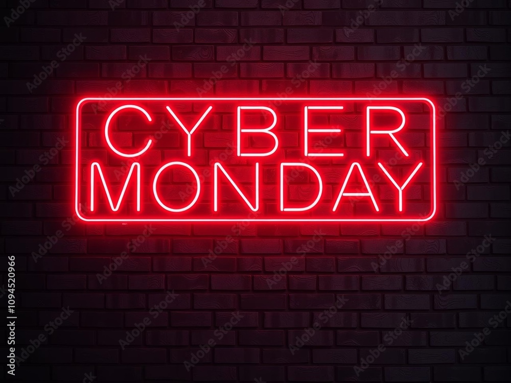 Obraz premium Hyper realistic photo of red neon Cyber Monday sign on dark brick wall, urban vibe, trendy, online shopping event, isolated, white background, copy space, text space, stock photo, dark brick wall
