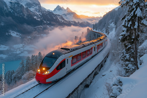 Modern red and white electric train driving through snowy swiss alps at sunset