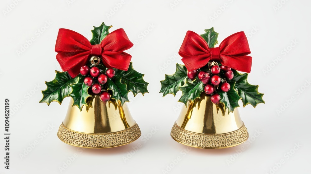 Classic Christmas golden bells with holly, berries, and red bows Classic Christmas golden bells with holly, berries, and red bows