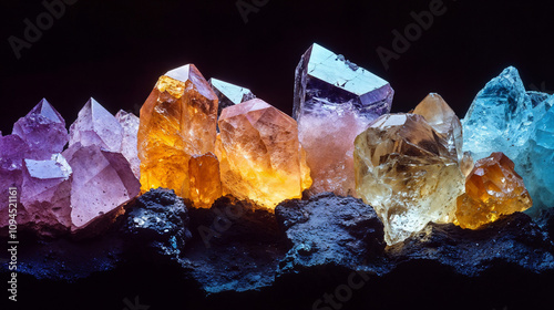 Crystal collection: Phosphorescent minerals kunzite, morganite, and imperial topaz with pastel transitions and soft lighting in a museum display photo