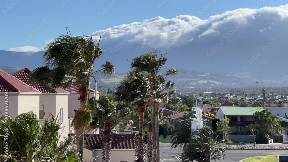 Palm trees being blown by strong mountain winds close to apartments and houses