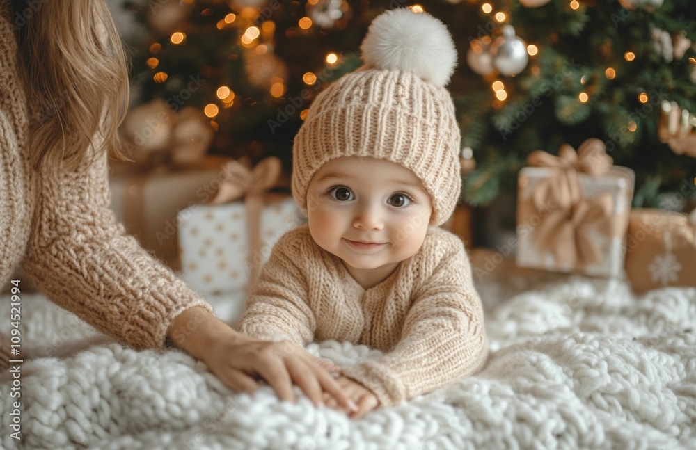 Cute Baby in Christmas Hat Reaching for Moms Hand with Tree in Background Cute Baby in Christmas Hat Reaching for Moms Hand with Tree in Background