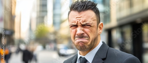 Businessman with disgusted expression on urban city street photo