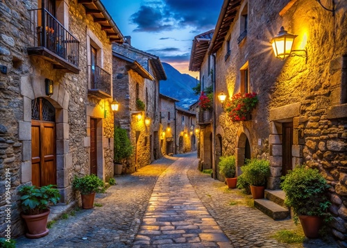 Captivating Low Light Photography of Eriste Old Town Streets in the Pirineos, Huesca, Spain – Exploring Historic Charm and Atmospheric Ambiance at Dusk photo