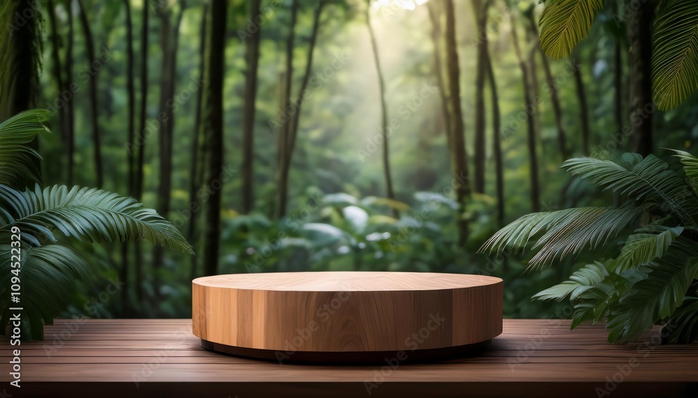A serene forest setting with a wooden display stand, perfect for eco-friendly products A serene forest setting with a wooden display stand, perfect for eco-friendly products