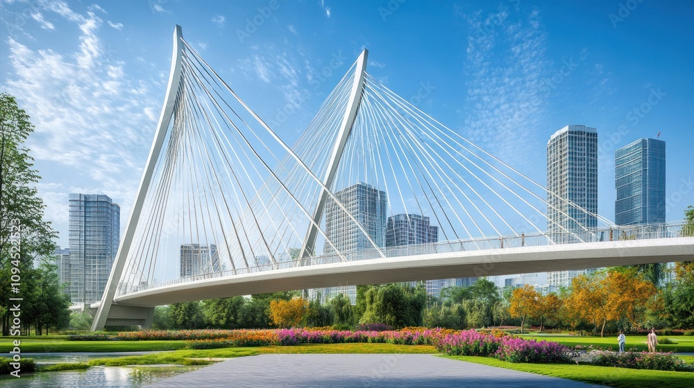 Modern cable-stayed bridge in an urban park, surrounded by greenery and skyscrapers. Modern cable-stayed bridge in an urban park, surrounded by greenery and skyscrapers.