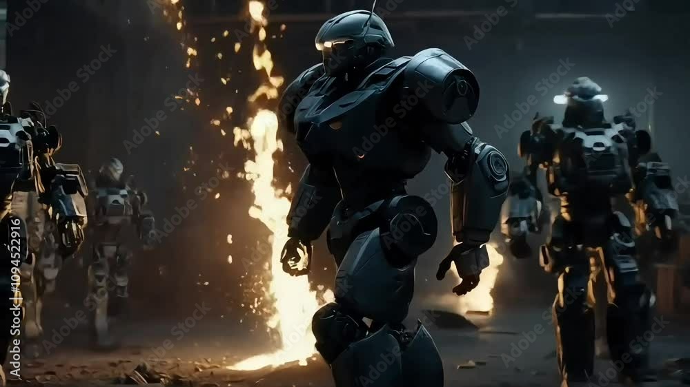 Combat Mech in Action: Battle Robot in Industrial Warzone Combat Mech in Action: Battle Robot in Industrial Warzone