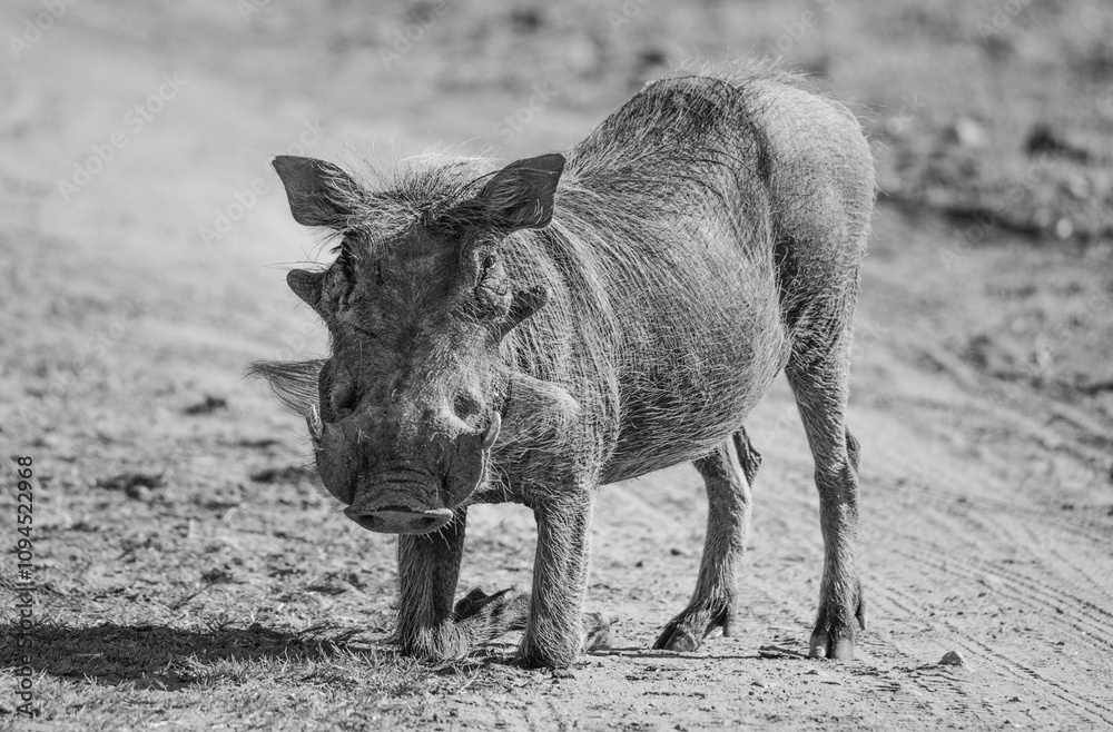 Fototapeta premium black and white warthog wild