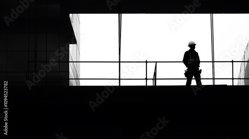 Silhouette of a Construction Worker on a Rooftop, Looking Out Over the City. AI Generated