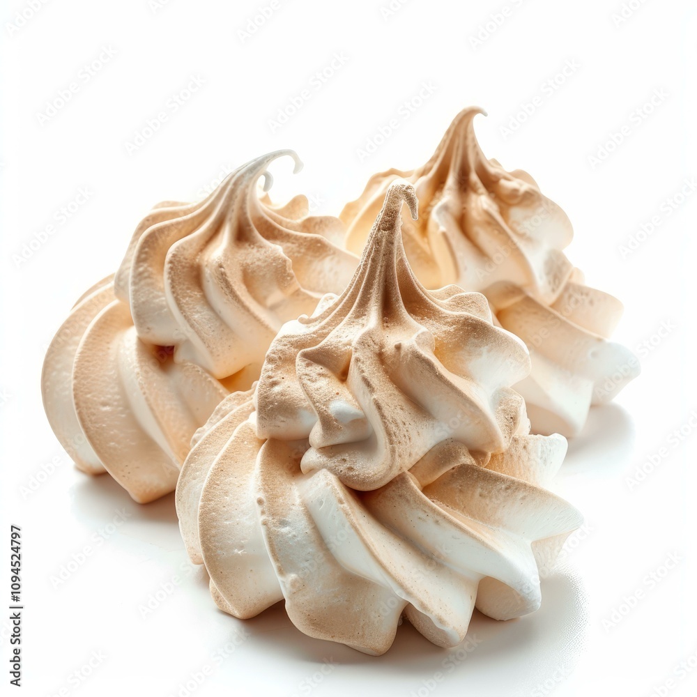 Three light brown meringues are laying on a white background, creating a tempting culinary scene