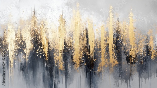 Abstract artwork featuring gold and gray hues, creating a textured, modern landscape.