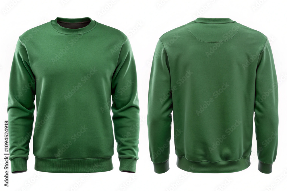 Men's Green blank sweatshirt template, front and back view, natural shape on invisible mannequin, sweater mockup isolated on white background