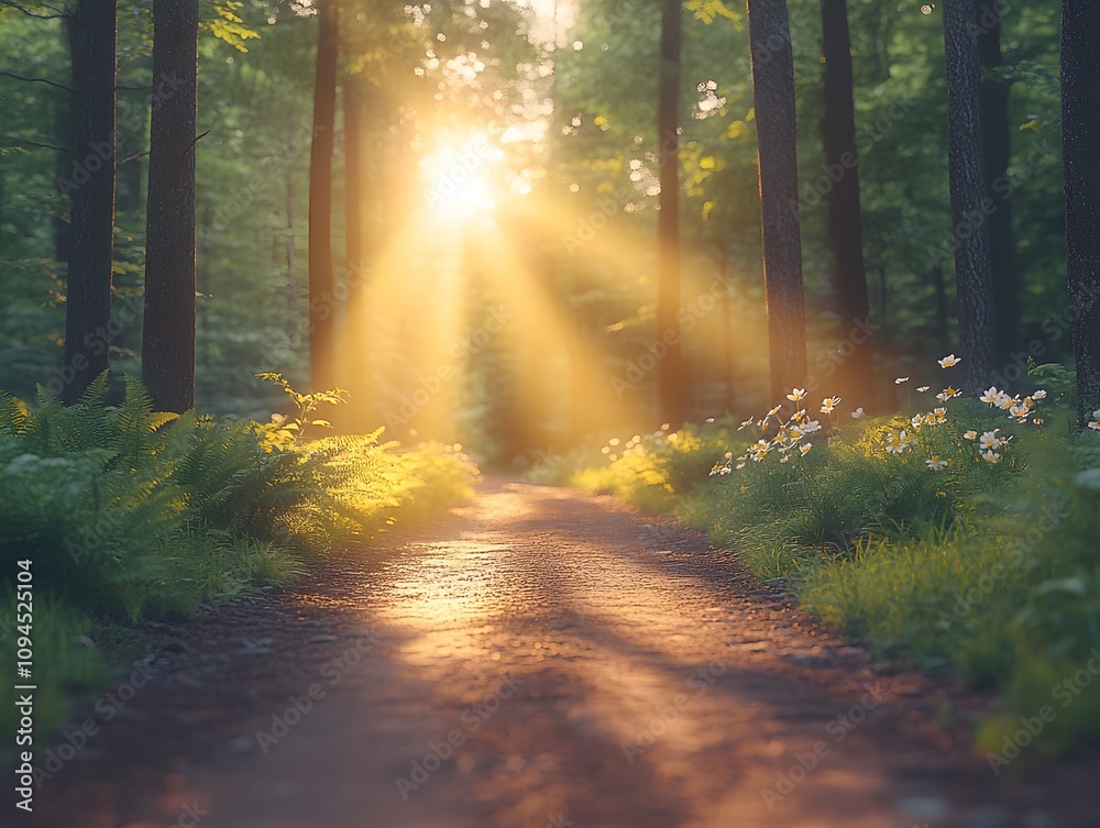 Obraz premium Natural walkway in a refreshing and beautiful forest. The sunlight beams to the ground, conveying a sense of calm and positive energy. It can be used to inspire relaxation and connecting with nature.
