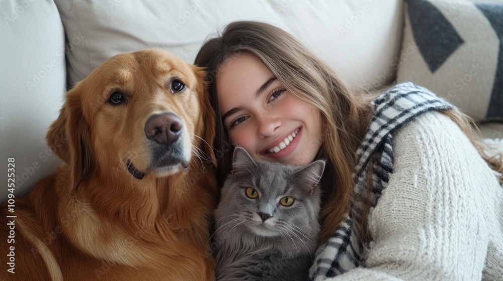 Happy girl enjoying love with dog and cat snuggle. Happy girl enjoying love with dog and cat snuggle.