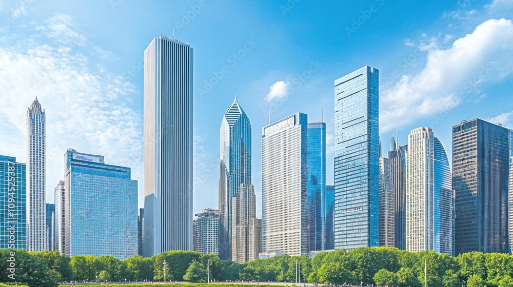 A skyline view of modern skyscrapers against a clear blue sky with green park foreground. A skyline view of modern skyscrapers against a clear blue sky with green park foreground.