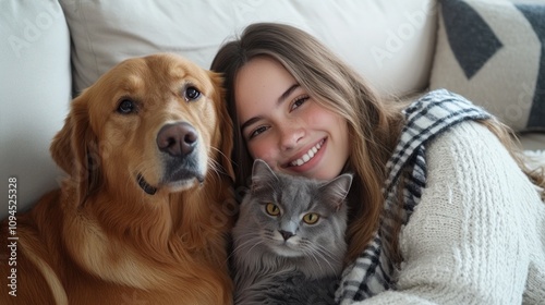 Wallpaper Mural Happy girl enjoying love with dog and cat snuggle. Torontodigital.ca