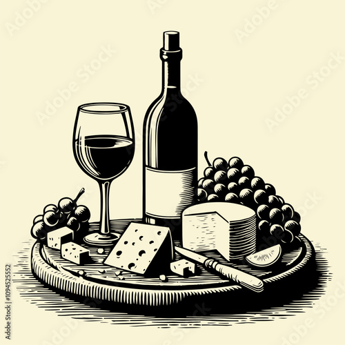 Still life with wine and cheese. Wine and cheese platter. Vector illustration in linocut style
