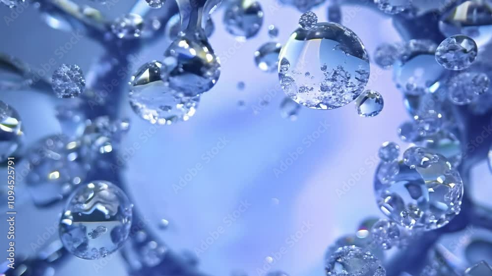 Camera rotates around water exploding outwards, droplets freezing mid-air, catching light in cool blues and purples. Camera rotates around water exploding outwards, droplets freezing mid-air, catching light in cool blues and purples.