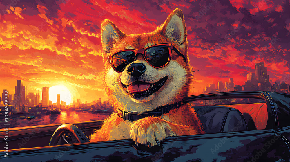 A detailed cartoon-style depiction of a shiba inu wearing sunglasses and sitting in a convertible car, with a colorful sunset sky and exaggerated motion lines.