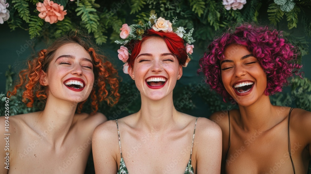 Obraz premium Joyful women laughing together in floral setting outdoor portrait