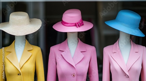 Fashion display with colorful hats boutique window visual art urban close-up style inspiration photo