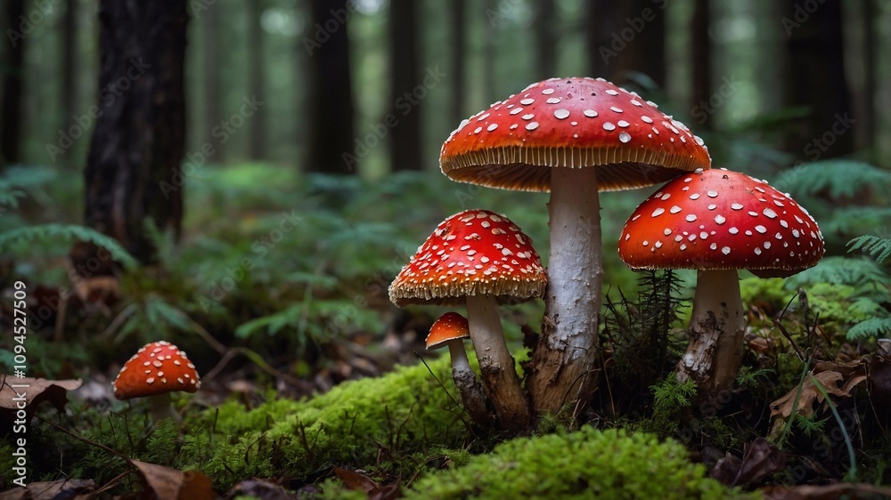 Fly agaric mushrooms, toadstools. Microdosing, poisonous mushrooms in the forest Fly agaric mushrooms, toadstools. Microdosing, poisonous mushrooms in the forest