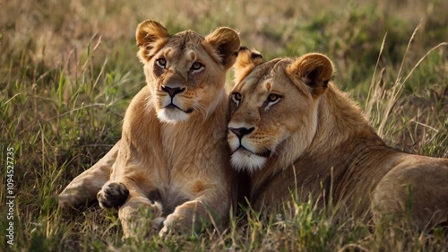 A lion at sunset in the savanna, with a pride