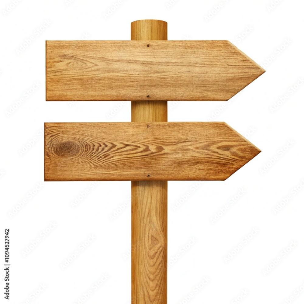 Fototapeta premium Wooden signpost isolated on a white background, showcasing its natural texture and grain.