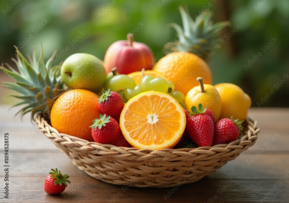 Colorful fruit basket overflowing with fresh apples, pears, oranges, and pineapples Colorful fruit basket overflowing with fresh apples, pears, oranges, and pineapples