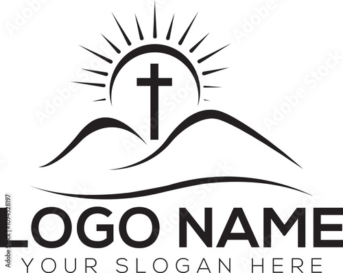 church logo design vector with mountain sun and cross for community vector logo design