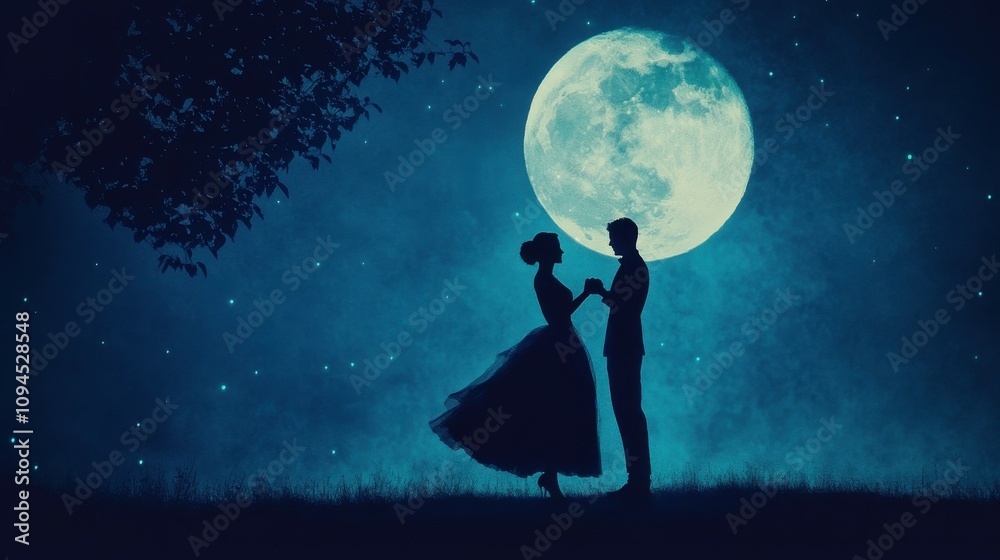 Obraz premium Silhouette of couple dancing under moonlight