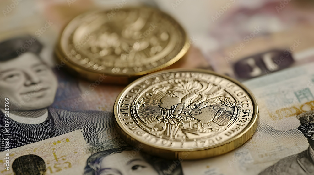 Close-up of Two Golden Coins Resting on Paper Currency, Detailed Imagery of Currency Close-up of Two Golden Coins Resting on Paper Currency, Detailed Imagery of Currency