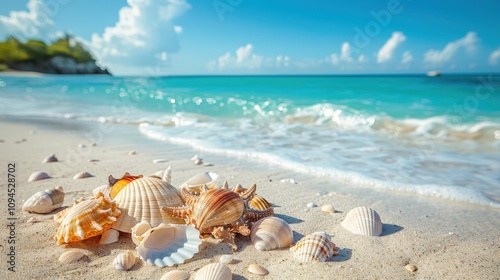 Beautiful Tropical Beach with Turquoise Waters and Exquisite Seashells on the Sandy Shoreline