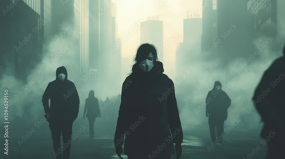 Smogfilled cityscape, masked pedestrians, 3D illustration Smogfilled cityscape, masked pedestrians, 3D illustration