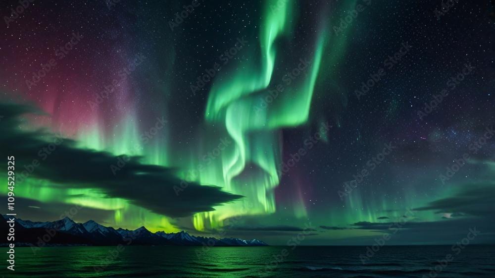 Obraz premium Majestic Aurora Borealis Over Snow-Capped Mountains and Fjord with Vibrant Green & Purple Lights V1