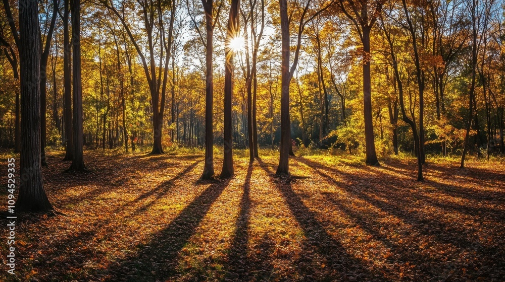 Fototapeta premium Soft sunlight filtering through trees, casting long shadows over autumn landscape