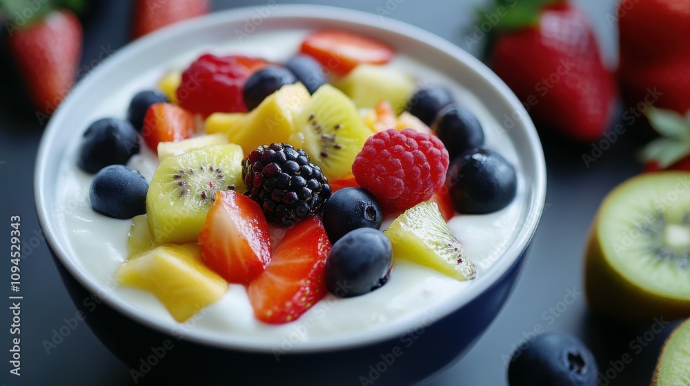 Soft, white yogurt topped with fresh fruit Soft, white yogurt topped with fresh fruit