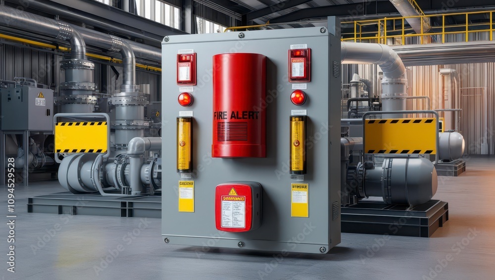 Fototapeta premium Fire alarm sensor monitoring system industrial facility realistic layout illustration safety overview