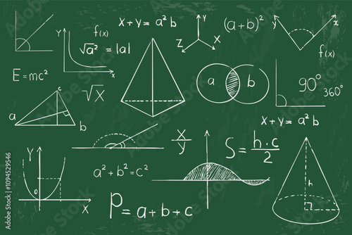 Math geometry graph and shapes on blackboard background. Set science doodle hand drawn sketch elements. Study theory formula, calculations.