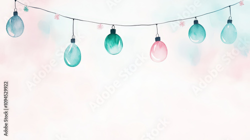 Festive winter garland with colorful hanging light bulb, watercolor, Christmas banner or card template. Generative AI